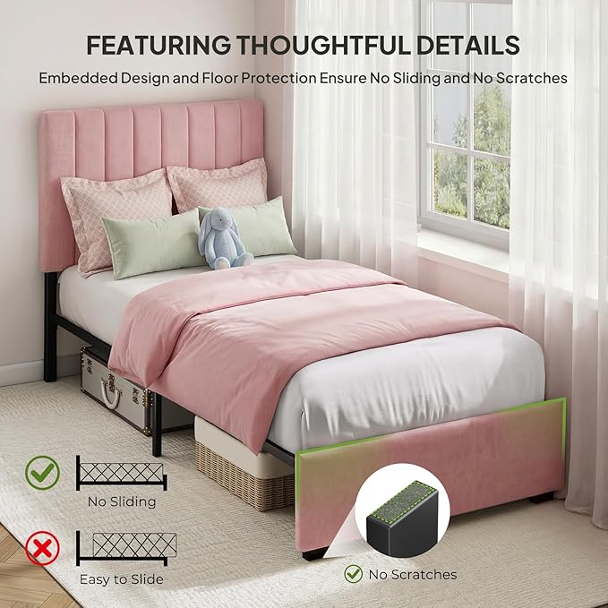 Welzona Upholstered Bed Frame Twin Size with Headboard for Kids, Velvet Fully Upholstered Metal Platform Bed with Vertical Channel Tufted Headboard, 3-Level Height, Metal Support, Easy Assembly, Pink