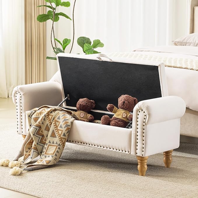 51.5" Bench for Bedroom End of Bed Storage Bench, Upholstered Linen Storage Ottoman with Rolled Arms for Bedroom, Living Room, Entryway, Beige