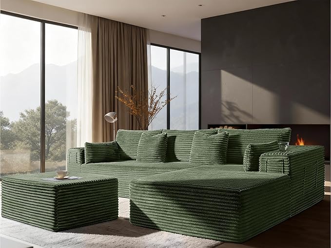 Oversized 108" Cloud Sectional Couch, Comfort U Shaped Boneless Couch for Living Room, Extra Deep Seats No Assembly, Modular Sofa, Corduroy (Olive Green, 2 Seater+Right Facing Chaise+Ottoman)