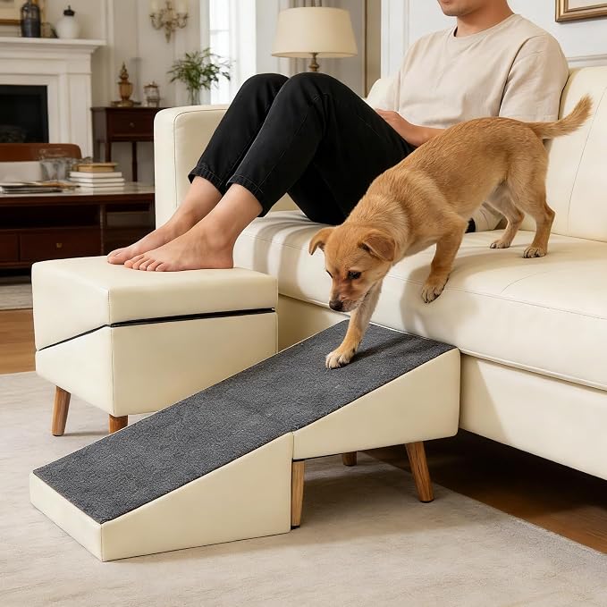 Foldable Dog Ramp Split Ottoman Outdoor seat footrest Stool Couch Sofa Furniture Car RV Side Door, Small Medium Senior Injured cat pet (Light Gray, Ramp 13.5" H x 32" L x 16" W (Ottoman: 16in Cube))