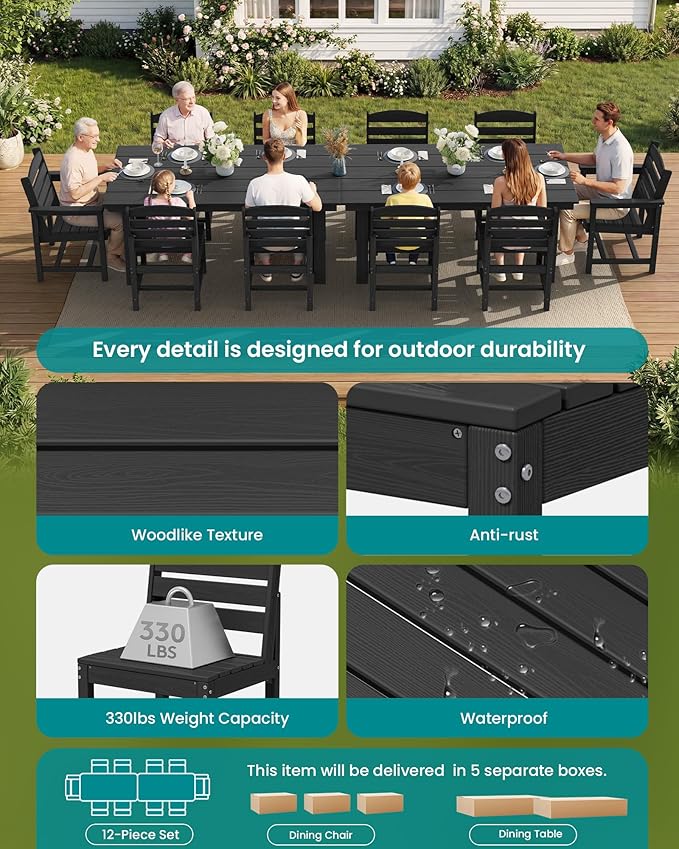 SERWALL Patio Dining Sets for 10 Person, HDPE Dining Set with 2 Tables, 8 Armless Chairs and 2 Armed Dining Chairs, Black