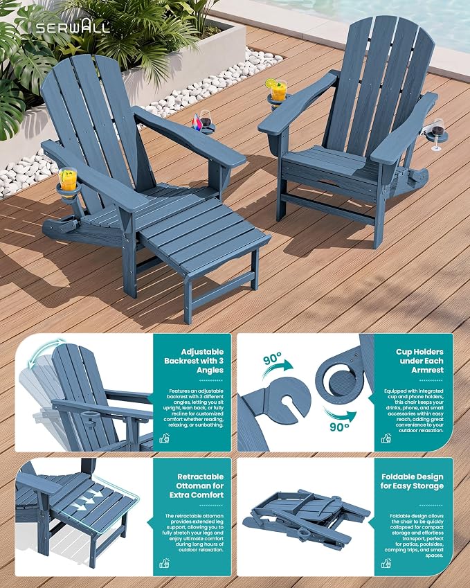 SERWALL Folding Adjustable Adirondack Chairs with Footrest Set of 2, HDPE Outdoor Chair with Dual Cup Holders, All Weather Adirondack Chair with Ottoman, Blue