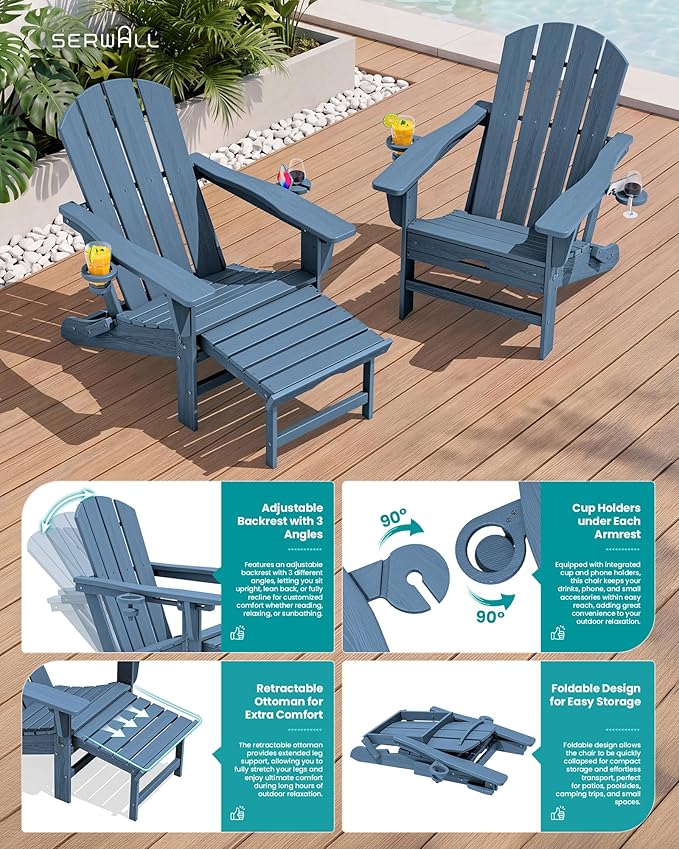 SERWALL Folding Adjustable Adirondack Chair with Footrest, HDPE Outdoor Chair with Dual Cup Holders, All Weather Adirondack Chair with Ottoman, Blue