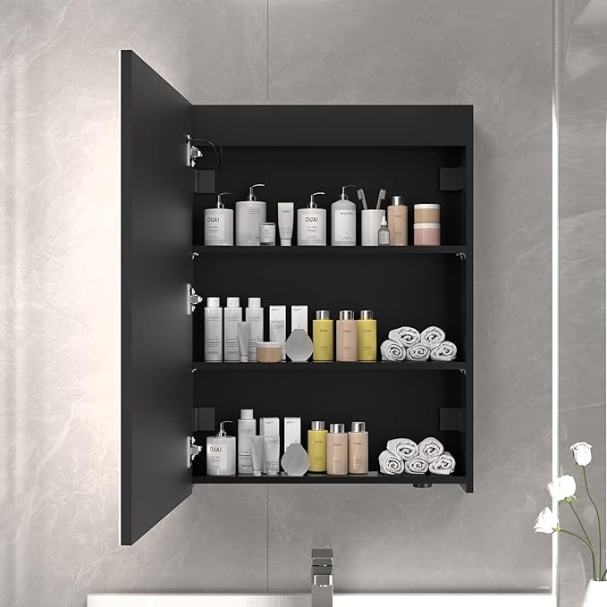 28x20 inch LED Lighted Medicine Cabinet with Mirror, Moisture-Resistant Wood, Stepless Dimmable, 3000K/5500K, Defogger, Adjustable Shelf, Flat-Pack Design – Assembly Required, Black