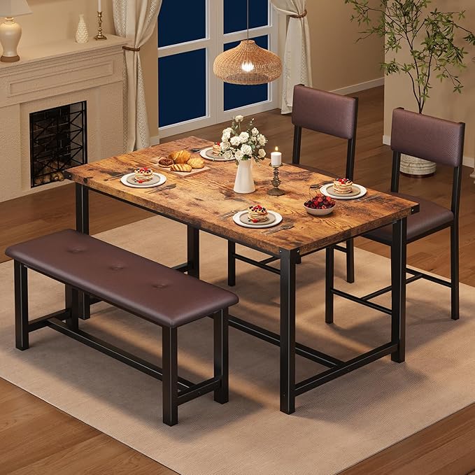 GarveeHome Dining Table Set for 4, Kitchen Table with 2 Upholstered Chairs and Bench, Wood Kitchen Dining Room Set, for Small Space, Apartment, Home, Kitchen, Retro Brown