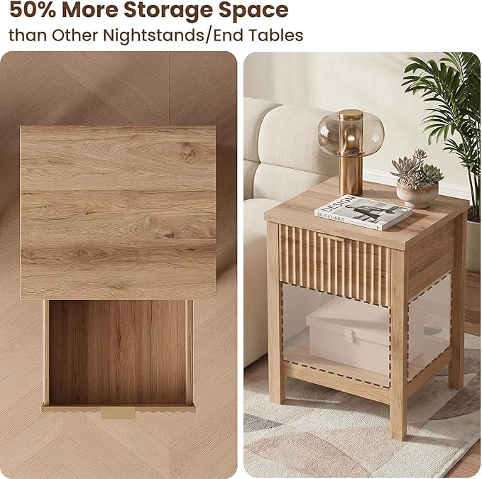 Fluted Night Stand with Golden Handle,Set of 2 Mid-Century Nightstands with Drawer, Bedside Table with Storage Shelf,Large Wood End Tables for Livingroom,Bed Side Tables for Bedroom, Natural Oak