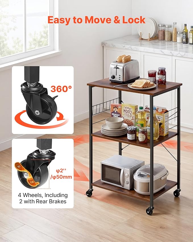 VEVOR Kitchen Utility Cart, 3 Tier 23.7 in Microwave Stand Coffee Cart, Heavy Duty Storage Rack, Service Trolley on Wheels, Industrial Rolling Work Table with 8 Hooks, for Mini Oven, Toaster, Vintage