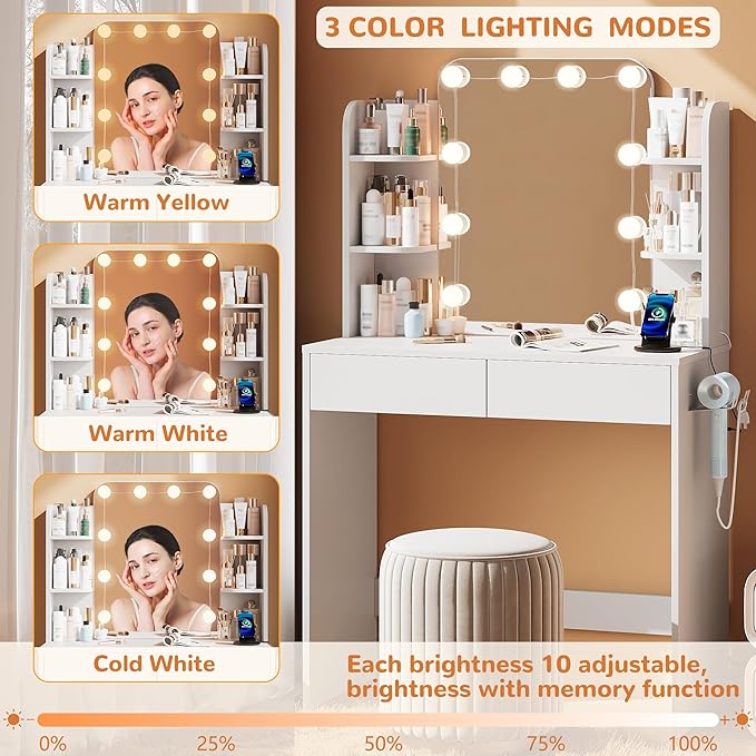 wanan Vanity Desk with Mirror and Lights 3 Colors, Girls Vanity Set with Power Outlet, Compact Vanity Table for Small Space, White Vanity Desk only