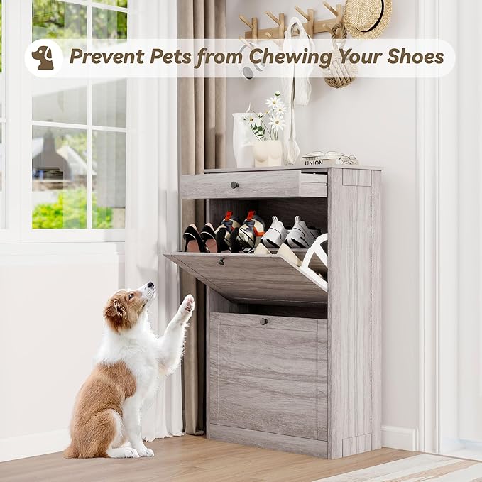 FTZxHKLX Shoe Storage Cabinet with 2 Flip Drawers, Narrow Freestanding Hidden Shoe Rack Cabinet, Pet-Proof Shoe Organizer for Closet, Entryway, Hallway, Wash Grey