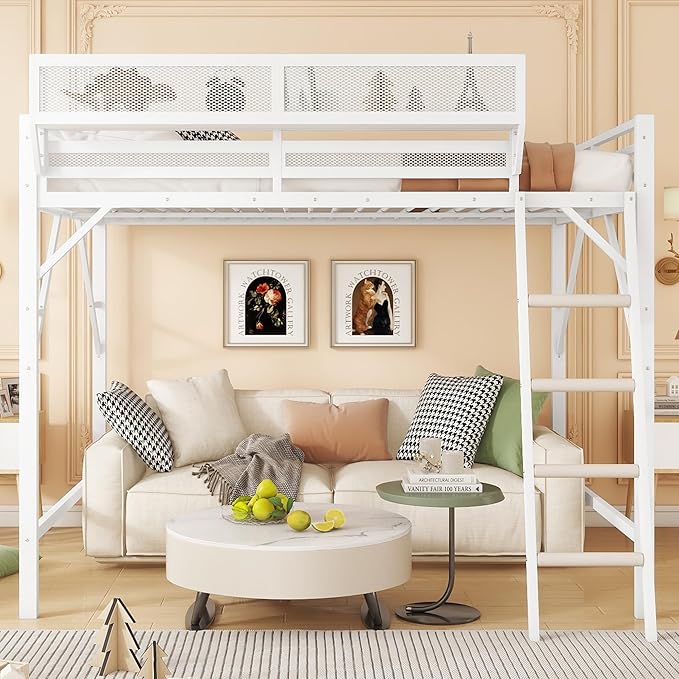 KEIKI Full Size Metal Loft Bed Frame with Ladder and Built-in Storage Shelves, for Teens, Modern Style Loft Bed with Solid Slats, Guardrail, No Box Spring Required, Easy Assembly, for Bedroom, White