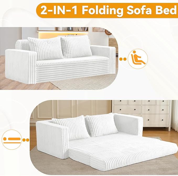HABUTWAY 68" Loveseat Boneless Couch, 4-in-1 Convertible Sofa Bed, Plush Fur Folding Futon Sofa Bed Couches with 2 Pillows for Living Room, High-Density Foam Support, No Assembly Required, Beige