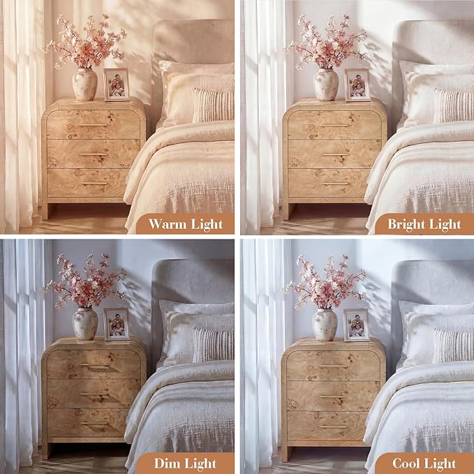 Night Stand Set of 2 [Unique Curved Profile] [FSC-Certified Wooden Board] 3-Drawer Nightstand 24" H Metal Handle Modern Bedside Table