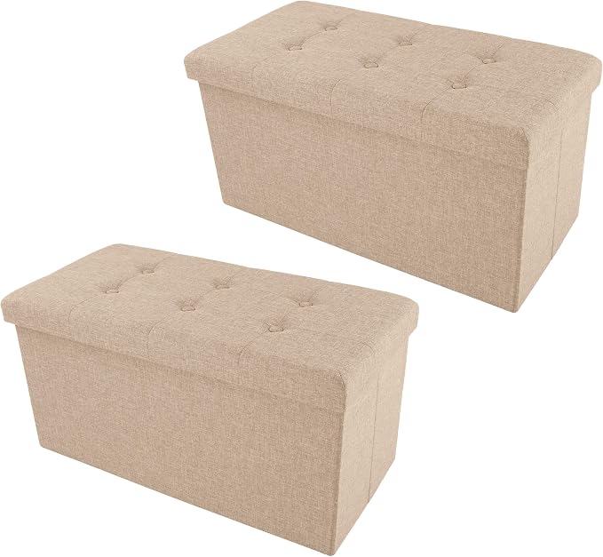 Lavish Home Folding Storage Ottoman - Set of 2 30-Inch Tufted Footrest, Linen Chest, or Bench with Removable Bin for Living Room, Bedroom, or Dorm (Beige)