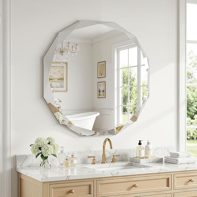 Suidia Bathroom Mirror, 20"x 20" Wall Mirror, Frameless Bathroom Mirror with Beveled Edge for Bedroom, Living Room, Entryway, Hallway, Round Shape