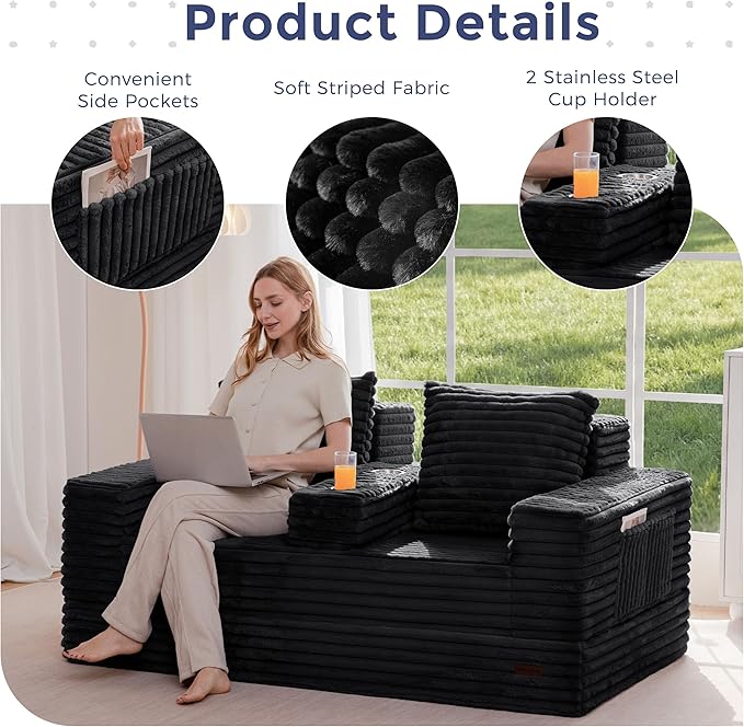 MAXYOYO Loveseat Sofa Bed, Striped Faux Fur Foldable Floor Sofa Couch in A Box, 4 in 1 Convertible Boneless Couch with 2 Cup Holders, Folding Recliner Sleeper Chair, No Assembly Required, Jet-Black