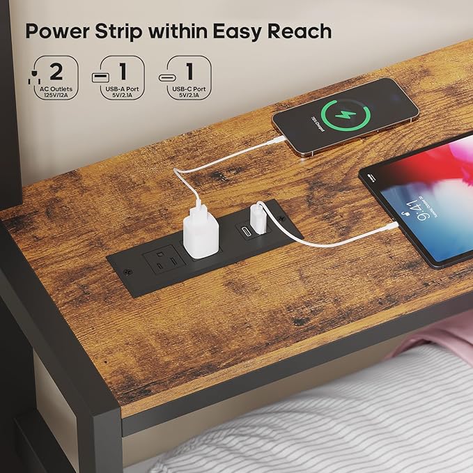 BTHFST Full Over Full Bunk Beds with 4 Storage Drawers & Shelves & Bedside Caddy, Bunk Bed with Charging Station & LED Lights, Full Size Bunk Bed with Safety Guardrail & Angled Ladder, Rustic Brown