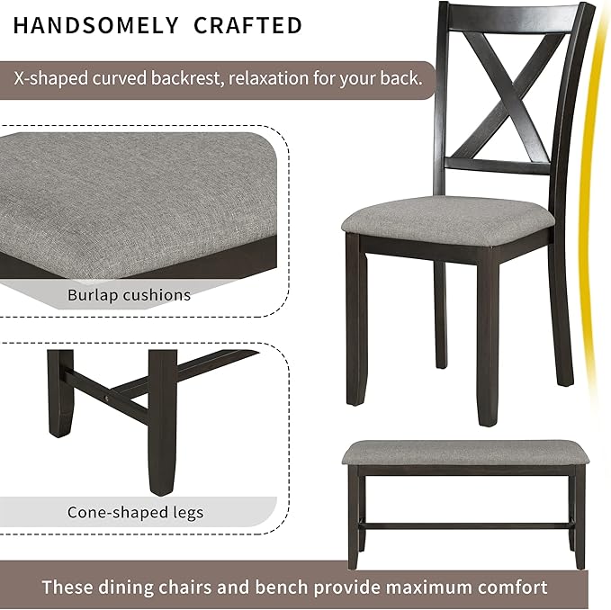Merax 6-Piece Wooden Kitchen Dining Table Set with 4 Fabric Chairs and Bench, Family Furniture, Espresso