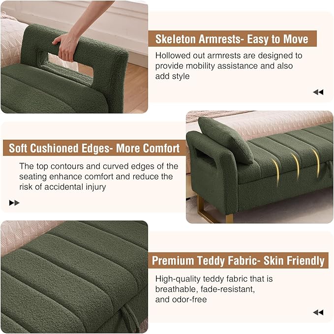 66'' King Size Bedroom Bench with Storage End of Bed, Boucle Bedroom Benches for Foot of Bed with Gold Legs, Teddy Storage Bench with Armrest, Olive Green