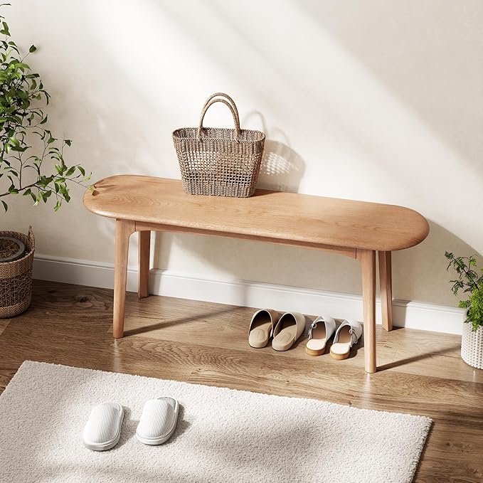 DONGMUWUEJEE 100% Solid Wood Dining Bench, Wood Bench for End of Bed with Rounded Corners, Entryway Benches for Farmhouse, Kitchen, Living Room and Plant Stand (Natural, 39.4" D x 11.8" W x 19.7" H)