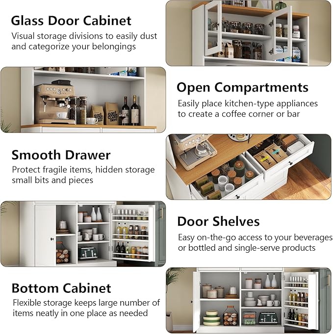 Tall Pantry Cabinet, Modern Kitchen Hutch with Microwave Stand, Kitchen Pantry Storage Cabinet with 2 Darwers & Door Shelf, Food Pantry with Glass Doors & Adjustable Shelves for Dining Room, White