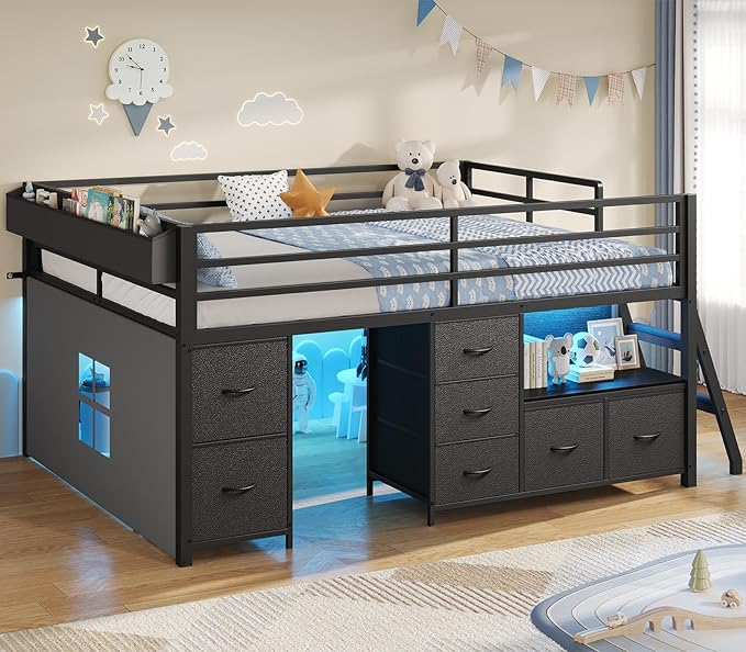 ADORNEVE Low Loft Bed Full Size with 7 Storage Drawers, Bookcase and LED Lights, Metal Kids Loft Bed with 14" H Safety Guardrail,Inclined Ladder and Play Curtain, Under-Bed Play Space, Black