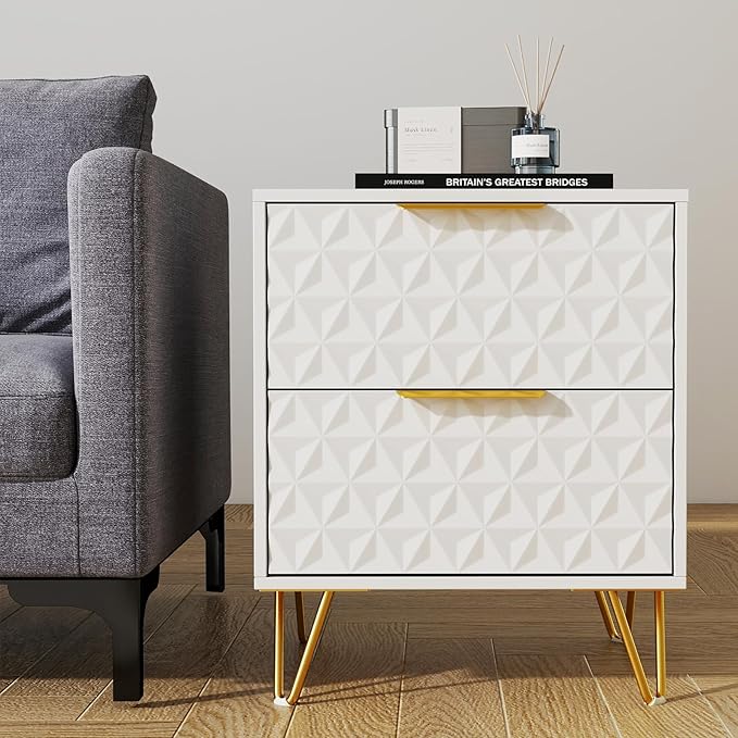 Modern Night Stand Set of 2, White Bedside Tables with 2 Drawers Storage for Bedroom, Wood End Side Table with Gold Legs for Living Room