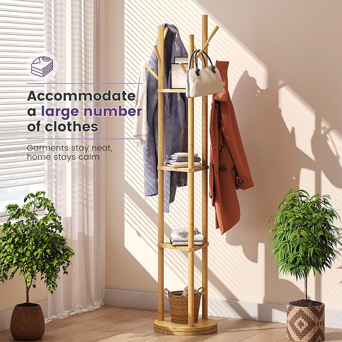 Rotating Coat Rack, Freestanding Coat Rack with 3 Shelves and 9 Hooks Clothes Organizer Coat tree for Bedroom, Entryway, Livingroom (Natural)