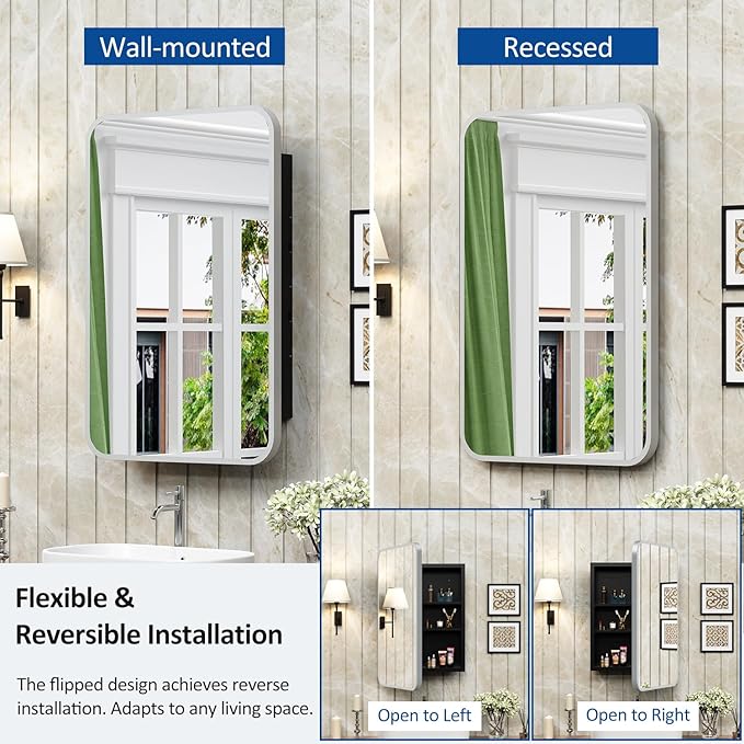 ACEMIRO 16x24 Inch Medicine Cabinet with Mirror Brushed Silver Metal Framed Recessed Bathroom Mirror Medicine Cabinet Wall Mounted