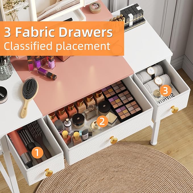 HIGDBFE Small Makeup Vanity Desk 27.5''W with Mirror and Lights, Vanity Desk with 3 Fabric Drawers and Height-Adjustable Stand, Vanity Table for Girls Gifts, Bedroom and Small Spaces, White&Pink