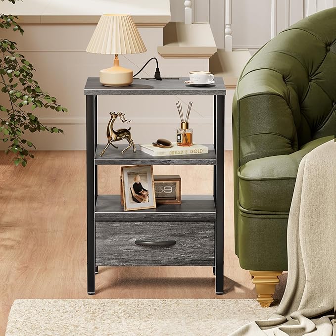 SUPERJARE Nightstand with Charging Station, Bed Side Table with Adjustable Fabric Drawer, Night Stand for Bedroom, 3-Tier Storage End Table, for Living Room, Grey