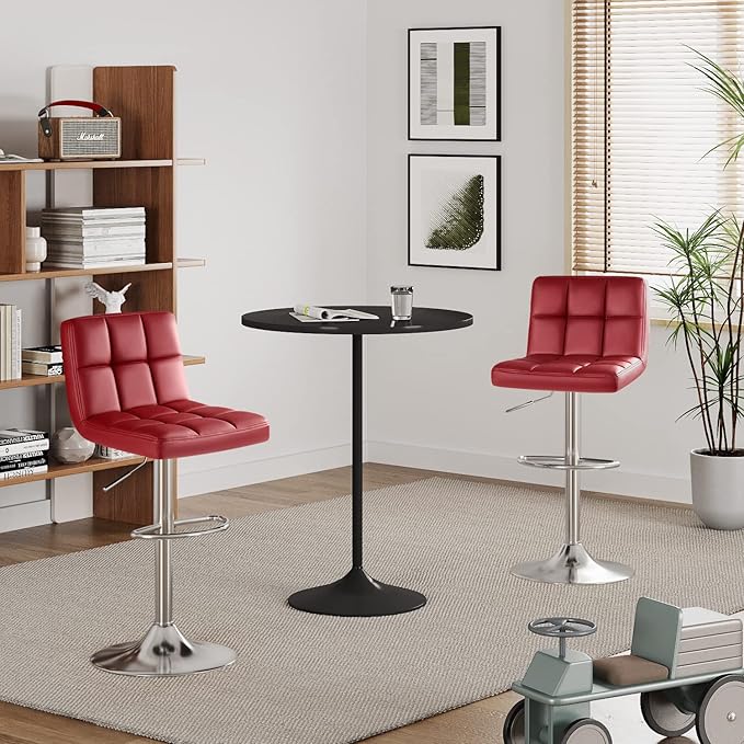 Furmax Bar Stools Modern Pu Leather Swivel Adjustable Hydraulic Bar Stool Square Counter Height Stool Set of 2 (Wine Red)