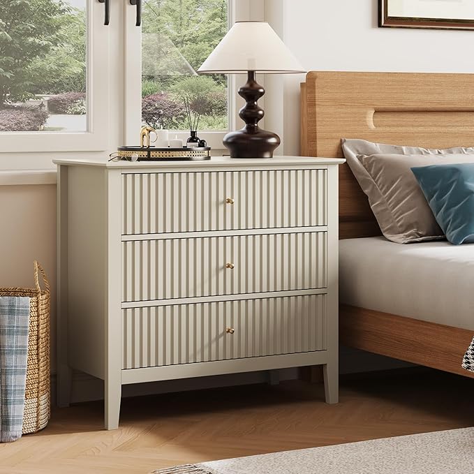 RoyalCraft 32" Large Nightstand, Fluted Painted Bedside Table with 3 Spacious Drawers, Modern Tall End Table for Bedroom, Beige