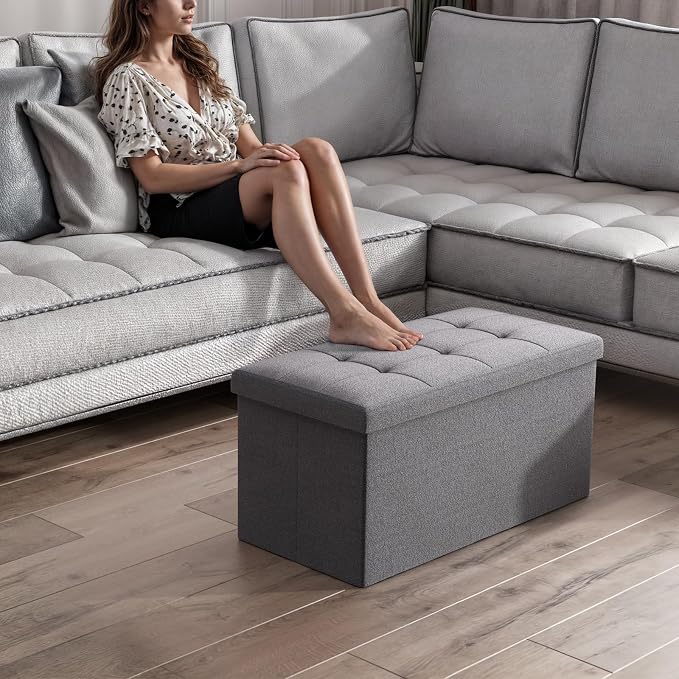 Magshion Folding Storage Ottoman Bench, 30 Inches Ottoman Foot Rest, End of Bed Bench, Storage Chest for Living Room, Entryway, Bedroom, 600 lbs Load Capacity, 15 x 30 x 15 Inches, Dark Gray
