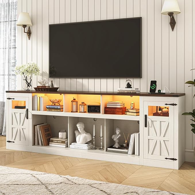 chartustriable Farmhouse TV Stand for 100 Inch TV,95" Entertainment Center w/LED Light,Large Media Console Cabinet w/Rustic Barn Doors,Power Outlets,Adjustable Shelves for Living Room,White
