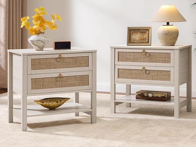 SICOTAS Boho Rattan Nightstand Set of 2, 26.7" Extra Wide Bedside Table with 2 Drawers & Open Shelf, White Oak Large Side Table for King Size Bed, Modern Coastal End Table for Master Bedroom
