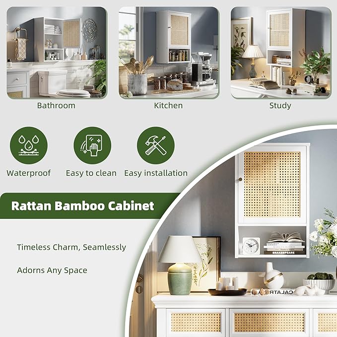 Bathroom Wall Cabinet, Bamboo Over-The-Toilet Storage Organizer with Rattan Doors and Adjustable Shelf, Space Saver Medicine Cabinet for Laundry, Kitchen, Living Room (White)
