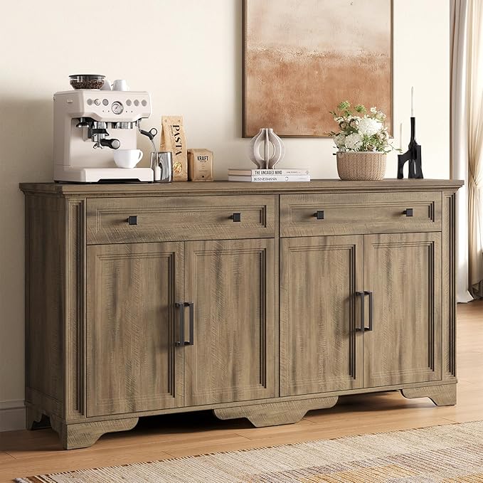 ONBRILL 63" Sideboard Buffet Cabinet, Kitchen Buffet Storage Cabinet, Large Credenza with Drawers & Doors, Wood Coffee Bar Console Wine Bar for Living Room Hallway Washed Brown