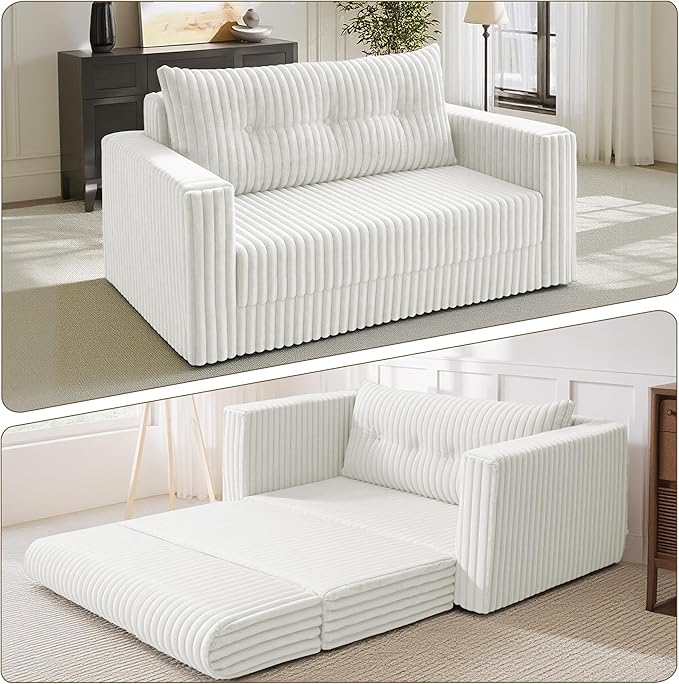 HABUTWAY 41.3" Loveseat Boneless Couch, 4-in-1 Convertible Sofa Bed, Plush Fur Folding Futon Sofa Bed Couches with a Pillow for Living Room, High-Density Foam Support, No Assembly Required, Beige