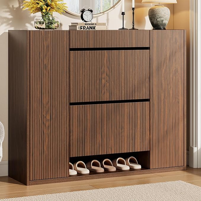ONBRILL Large Shoe Cabinet with 2 Flip Drawers (3-Tier Each), 27-35 Pairs Shoe Organizer with Storage Drawer, 2 Doors & Open Shelf, 47.2'' Wide Shoe Storage Cabinet for Entryway Hallway (Walnut)