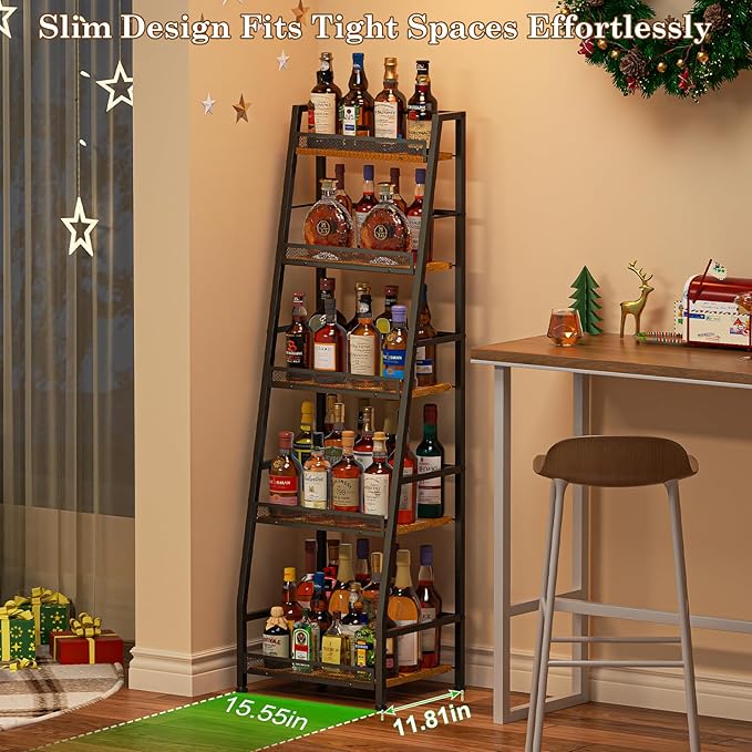 5-Tier Trapezoid Liquor Stand for Home Bar, Large-Capacity Liquor Cabinet Bar for Home, Stepped Wine Rack Freestanding Floor for Whiskey, Corner Wine Bottle Display Shelf with Fences for Living Room