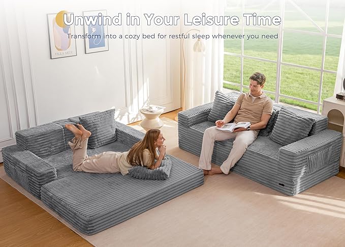 MAXYOYO Loveseat Sofa Bed, Striped Faux Fur Foldable Floor Sofa Couch in A Box, 4 in 1 Convertible Boneless Couch with 2 Cup Holders, Folding Recliner Sleeper Chair, No Assembly Required, Grey