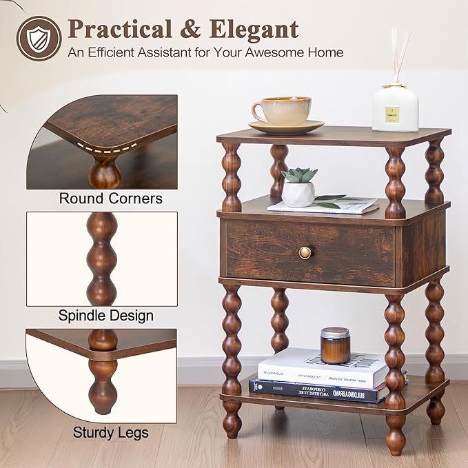 AWASEN Night Stand, Bed Side Table Bedroom with Drawer, 3-Tier Small Nightstand End Table with Storage for Small Spaces &Solid Wood Spindle Legs, Rustic Brown