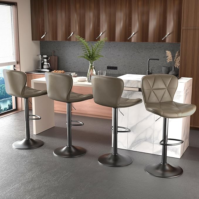 Nalupatio Modern Bar Stools Set of 2, Adjustable Faux Leather Upholstered Swivel Bar Stools, Counter Height Bar Chairs with Back for Kitchen Island, Dark Khaki