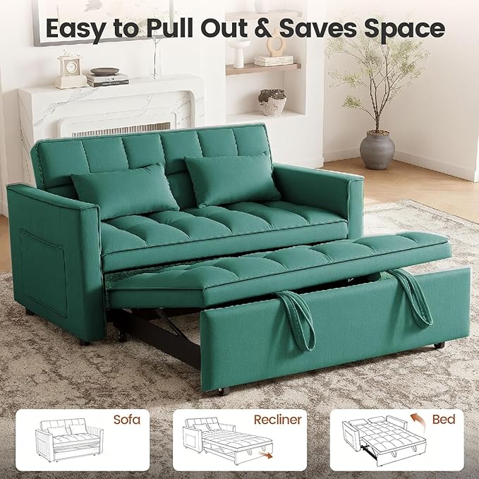 3 in 1 Convertible Sofa Bed, Velvet Fabric Loveseat Sleeper Sofa with Side Pockets, Pull Out Couch with Adjustable Backrest for Small Spaces, Living Room, Bedroom, Apartment, Green