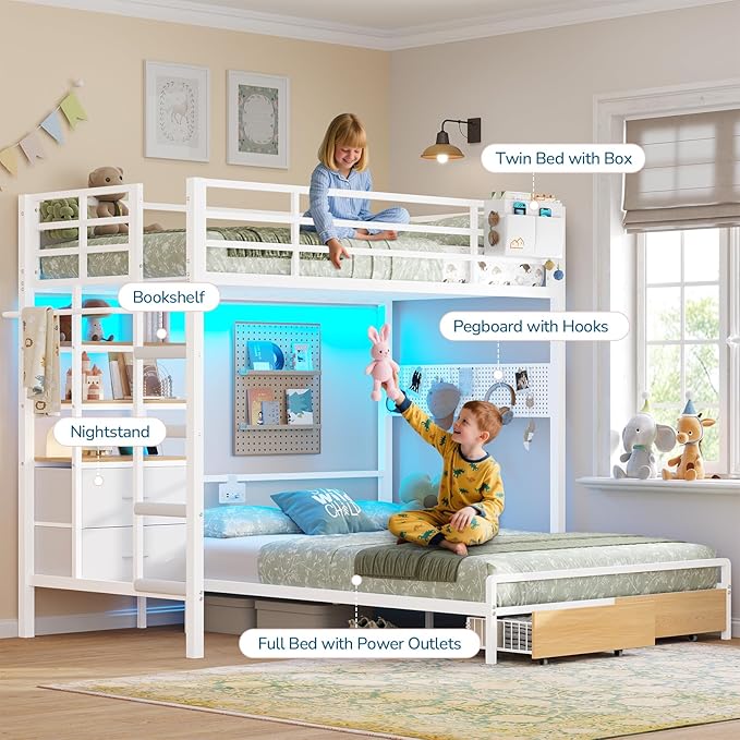 Twin Over Full Size Bunk Bed with 4 Storage Drawers and Bookshelf, Metal Bunk Beds with LED Lights, Charging Station, Loft Bunk Bed with Pegboard, Safety Guardrail and Ladders, for Kids, Teens, Adults