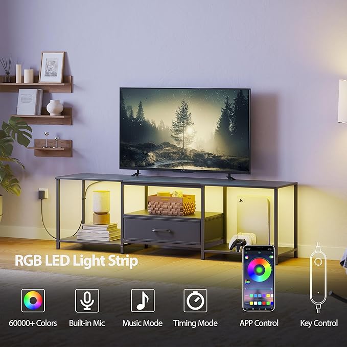 JARHETUN TV Stand with LED Lights, Entertainment Center with Open Shelves and Fabric Drawer, Media Console for 80 Inch TV, Television Stands for Living Room, Bedroom, Black