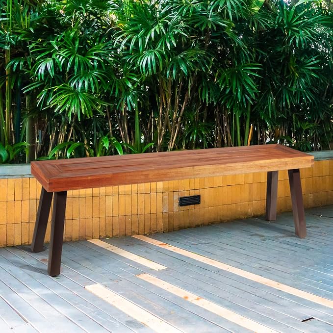 Giantex 60" Acacia Wood Bnech, 3-Person Backless Outdoor Patio Dining Bench with Metal Legs & Adjustable Foot Pads for Entryway, Balcony, Porch, Backyard, Garden and Poolside (1 Pack)