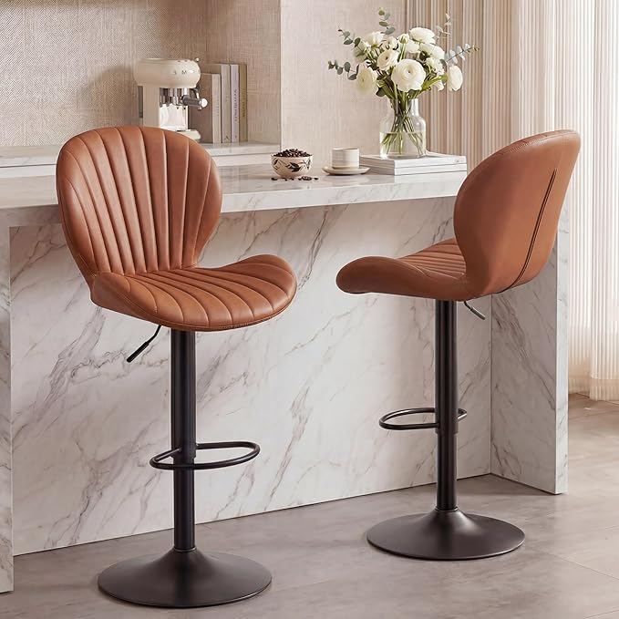 GRUSIGN Bar Stools Set of 2, Modern Swivel Adjustable Bar Chairs, Faux Leather Upholstered Counter Height Bar Stools with Backrest, Comfort Barstools for Kitchen Island, Home Bar, Brown