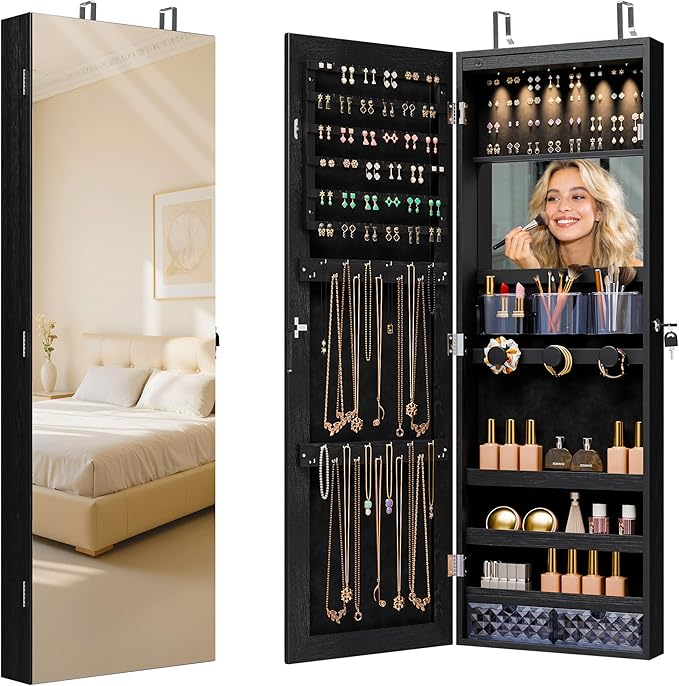 Unisakey Mirror Jewelry Cabinet,Lockable Wall or Door Mounted Jewelry Armoire Organizer With Built-up Mirror,LED Lights, Drawers,Cosmetic Trays,Shelves, 14.4"x3.15"x 43.1"（Black）