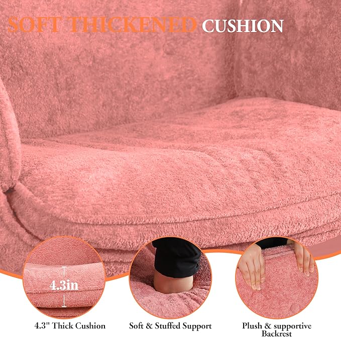 Criss Cross Chair with Lumbar Airbag & Folding Arms Relieve Back Pain, Wide Cross Legged Office Chair for Home Office, Comfy Swivel Desk Chair with Wheels, 5 Level Adjustable Armrest, Chenille(Pink)